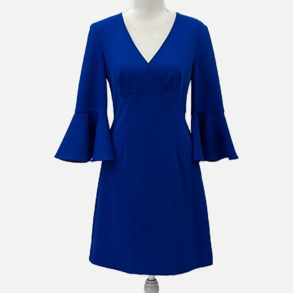 Trina by Trina Turk Dress Surplice Bell Sleeve Royal Blue - Size 2 - Picture 1 of 6